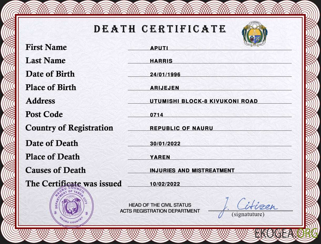 Modèle PSD de certificat de décès de l'état civil de Nauru